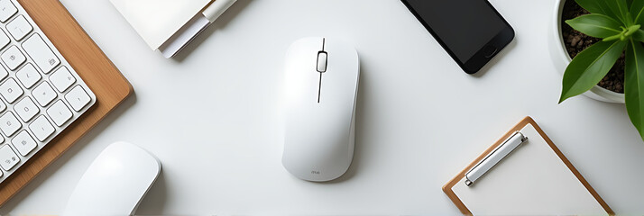 Aufkleber - A minimalist design featuring a wireless mouse surrounded by everyday office items on a clean light background perfect for promotional use._00001_