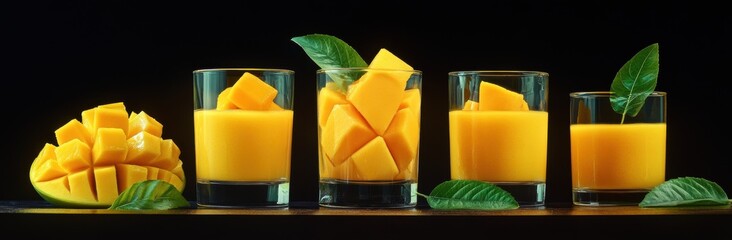 Sticker - Fresh and Vibrant Mango Cubes and Juice Arrangements Displayed in Glasses with Leaves on Black Background for Tropical Refreshment Concept