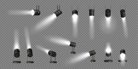 Poster - Spotlights giving illumination and lights. Vector isolated realistic projectors for movies, theater or stage. Professional lighting for presentation or display, concert or festival equipment