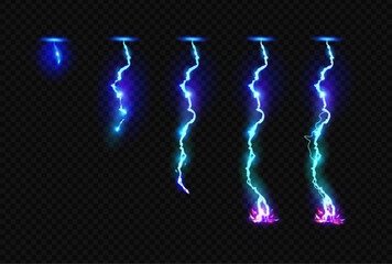 Poster - Neon thunderbolts animation. Vector isolated set of realistic thunders and lightnings. Powerful electrical discharge energy for weather change. Flash of light in darkness, movement and dynamism