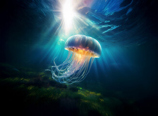 Aufkleber - A luminous jellyfish floats serenely in a sunlit ocean, its translucent bell glowing.  Green seaweed carpets the seabed below.
