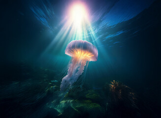 Aufkleber - A luminous jellyfish floats in a dark ocean, sunlight beams illuminating it from above.  The scene is serene and mysterious, showcasing underwater life.