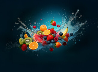 Poster - Vibrant mix of fresh fruits suspended in a dynamic water splash against a dark blue background.  A burst of juicy color and refreshment.