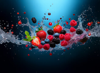 Aufkleber - A vibrant splash of water envelops a mix of fresh berries, including strawberries, raspberries, blackberries, and blueberries.  The scene is set against a deep blue background.