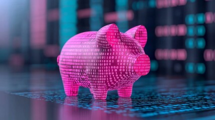 A fintech-themed digital piggy bank, composed of binary code and shining in blue.