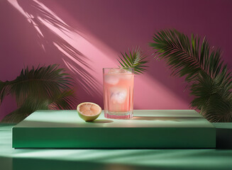 Poster - Pink summer cocktail in a glass, garnished with a palm leaf and citrus fruit half, sits on a teal surface bathed in sunlight.  Tropical leaves frame the scene against a pink backdrop.