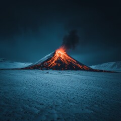 Wall Mural - Fiery Volcanic Eruption in a Snowy Landscape at Night