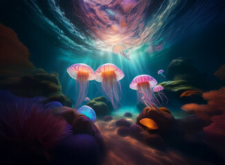 Aufkleber - Submerged in an ethereal underwater scene, bioluminescent jellyfish gracefully drift amidst vibrant coral and rocks, bathed in sunlit beams filtering from above.