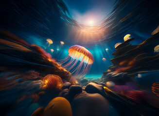 Aufkleber - Sunlit underwater scene, vibrant jellyfish, and colorful coral formations on the ocean floor.  The light rays create a magical atmosphere.