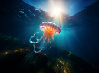 Aufkleber - A vibrant jellyfish, illuminated by sunbeams penetrating the ocean's surface, floats gracefully amidst dark, rocky depths.  Its bell shimmers with purple and orange hues.