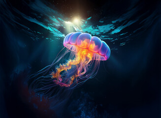 Aufkleber - A bioluminescent jellyfish gracefully floats in the deep ocean, illuminated by a sunlit surface above.  Its vibrant, translucent bell and intricate tentacles glow in the dark.