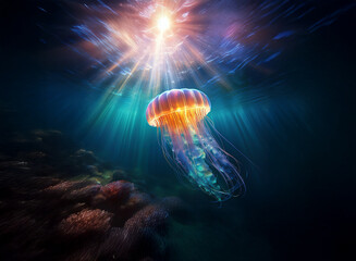 Aufkleber - A bioluminescent jellyfish gracefully floats in the deep ocean, bathed in ethereal sunlight filtering from above.  The vibrant colors contrast beautifully with the dark, mysterious depths.