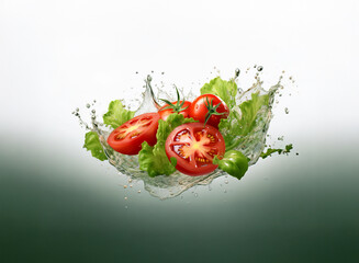 Poster - Fresh, ripe tomatoes and lettuce in a vibrant splash of water, creating a dynamic and healthy image.  The scene is set against a soft white and green backdrop.