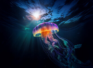 Aufkleber - A vibrant jellyfish, bioluminescent and majestic, floats in the deep ocean. Sunbeams pierce the water, illuminating its iridescent bell and trailing tentacles.  A captivating underwater scene.
