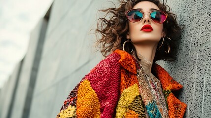 Wall Mural - a woman modeling a bold, high-fashion outfit with unique textures and patterns, captured in an urban