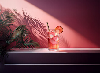 Poster - Sunlit glass of iced beverage garnished with citrus, rests on a shelf.  Palm frond shadow adds tropical feel to the pinkish background.  Refreshing summer scene.