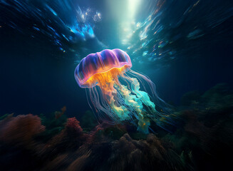 Aufkleber - A bioluminescent jellyfish gracefully floats in the deep ocean, its vibrant colors illuminating the dark seabed.  The water flows around it, creating ethereal streaks of light.