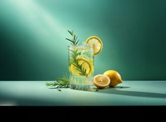 Poster - Refreshing rosemary lemonade in a glass with ice and lemon slices, garnished with sprigs of rosemary.  Sunlight illuminates the scene against a teal backdrop.
