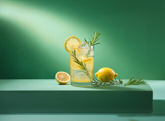 Poster - Refreshing lemonade with rosemary garnish in a glass, on a teal surface, illuminated by a soft light.