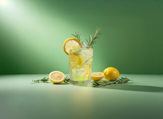 Poster - Refreshing lemon rosemary drink in a glass, garnished with lemon slices and sprigs of rosemary, sits on a green background. Ice cubes are visible in the drink.