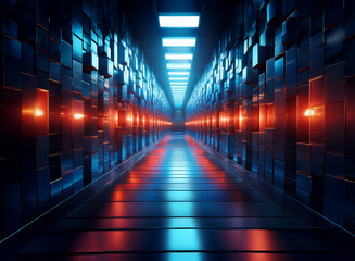 Aufkleber - A futuristic corridor with glowing blue and orange lights reflects on a polished floor.  The walls are composed of dark, metallic cubes.  The scene evokes a sense of mystery and technology.