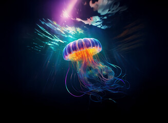 Aufkleber - A bioluminescent jellyfish, vibrant and otherworldly, floats in a dark ocean, illuminated by an ethereal, colorful light emanating from above.  The scene is surreal and dreamlike.