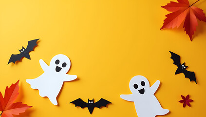 Aufkleber - A festive Halloween background with paper ghosts, bats, and autumn leaves on a bright and cheerful yellow colored background._00001_