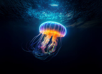 Aufkleber - A bioluminescent jellyfish, vibrant orange and blue, drifts in the deep ocean.  The water shimmers with light above.