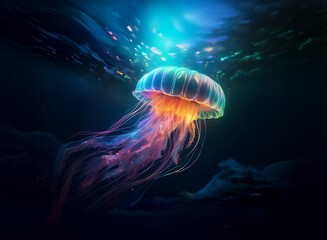 Aufkleber - A bioluminescent jellyfish gracefully floats in the deep ocean, its vibrant bell and trailing tentacles glowing with ethereal light. The surrounding water shimmers with particles.