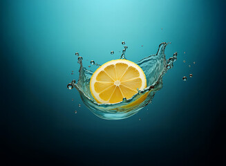 Poster - A vibrant lemon slice creates a dynamic splash in clear water against a teal backdrop. The image is fresh, clean, and evokes feelings of refreshment.