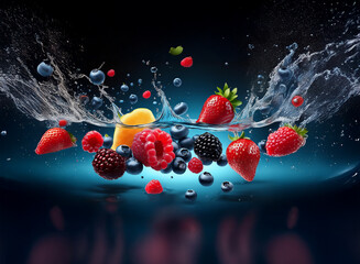 Poster - Vibrant berries and mango splash into water, creating a dynamic, colorful scene.  The image showcases the freshness and juiciness of the fruits.