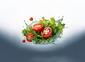 Poster - Fresh lettuce and juicy tomato halves suspended in a vibrant water splash, showcasing healthy, vibrant ingredients.