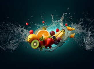 Poster - A vibrant splash of water encases a mix of fresh fruits, including oranges, bananas, kiwi, strawberries, and raspberries.  The scene is set against a dark teal background.