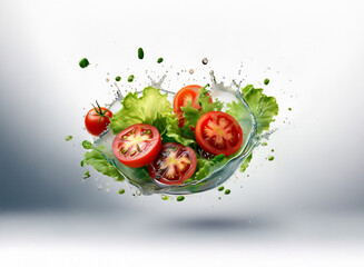 Poster - Vibrant red tomato slices and crisp lettuce leaves suspended in a dynamic splash, showcasing freshness and healthy eating.
