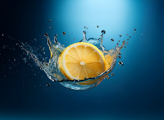 Poster - A vibrant lemon slice creates a dynamic splash in clear water against a deep blue backdrop.  The image showcases the juicy citrus fruit and its interaction with the liquid, capturing a moment of refre