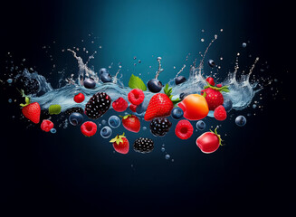 Aufkleber - Vibrant berries and water splash.  A refreshing image showcasing the juicy burst of mixed berries in motion against a dark blue background.