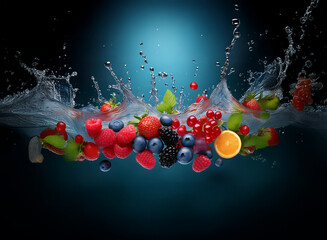 Poster - A vibrant mix of fresh berries and an orange splashing into clear water, creating a dynamic and delicious image. The dark background accentuates the fruit's bright colors.
