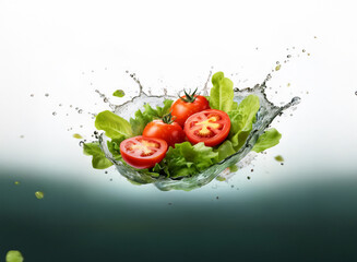 Poster - A vibrant splash of water showcases fresh lettuce and juicy tomato slices, creating a dynamic and appetizing image.