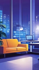 Poster - Modern Apartment Night Cityscape Yellow Sofa View