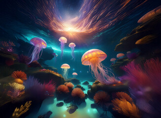 Poster - A vibrant underwater scene featuring bioluminescent jellyfish gracefully floating amidst colorful coral reefs and rocks, illuminated by a celestial sunset.