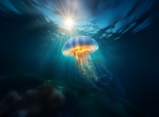 Aufkleber - A majestic jellyfish, illuminated by sun rays penetrating the ocean's surface, drifts gracefully in the deep blue. Its translucent bell and flowing tentacles create a mesmerizing underwater scene.