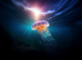 Aufkleber - A luminous jellyfish floats serenely in a dark, deep ocean, bathed in the ethereal glow of an underwater sun.  The scene evokes a sense of mystery and tranquility.