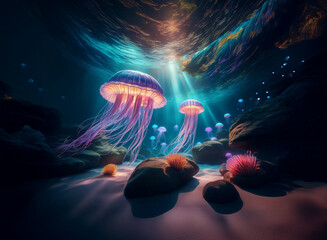 Aufkleber - Sunbeams illuminate bioluminescent jellyfish and sea anemones on an ocean floor.  Mysterious, serene underwater scene.