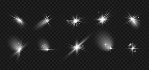 Poster - Glitter effect, photography camera flame on lens. Vector isolated set of flashing and beaming lights, star sparkles or twinkles. Rays and glares collection, shimmering and burst of rays