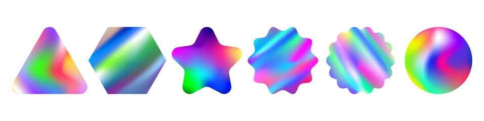 Poster - Hologram labels of different shapes, geometric forms of triangle and star, circles with wavy edges. Vector holographic textured stickers for preview tags, rainbow gradient effect for product