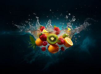 Poster - Vibrant mix of fresh fruits splashing into dark water, creating a dynamic, juicy scene.  The image showcases the freshness and vitality of the fruits.