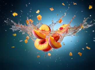 Poster - Juicy peach slices splash into water, creating a vibrant, dynamic scene.  The fruit's freshness is highlighted by the surrounding water droplets and scattered pieces.