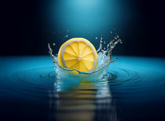 Poster - A vibrant lemon slice creates a dynamic splash in cool, blue water.  The citrus fruit's yellow contrasts beautifully against the dark background, highlighting its juicy freshness.