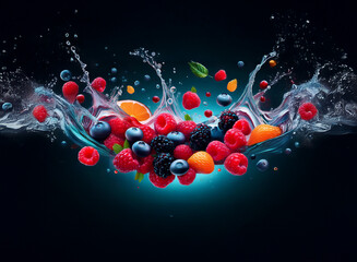 Poster - Vibrant raspberries, blueberries, blackberries, and orange segments burst from a water splash against a dark background.  A refreshing image of mixed berries and citrus.