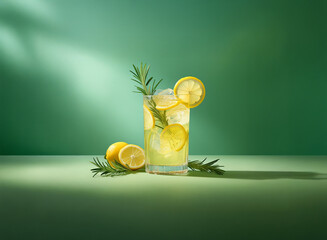 Poster - Refreshing lemonade with lemon slices and rosemary sprigs in a tall glass, set against a vibrant green backdrop.  Sunlight streams from above, illuminating the scene.